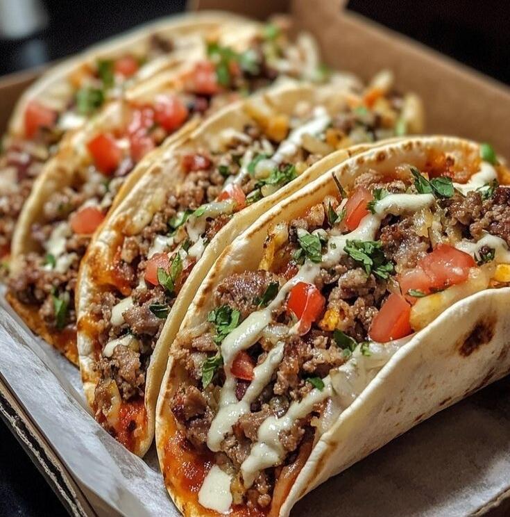 Three soft tacos filled with seasoned ground meat, diced tomatoes, onions, cilantro, and drizzled with sauce.