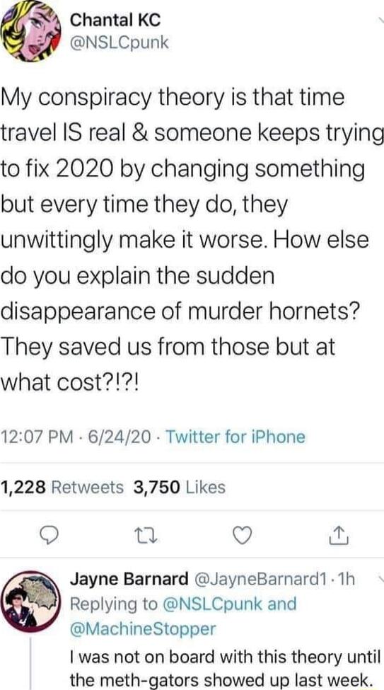 Chantal KC NSLCpunk My conspiracy theory is that time travel IS real someone keeps trying to fix 2020 by changing something but every time they do they unwittingly make it worse How else do you explain the sudden disappearance of murder hornets They saved us from those but at what cost 1207 PM 62420 Twitter for iPhone 1228 Retweets 3750 Likes Q t Q Jayne Barnard JayneBarnard1 1h Replying to NSLCpu