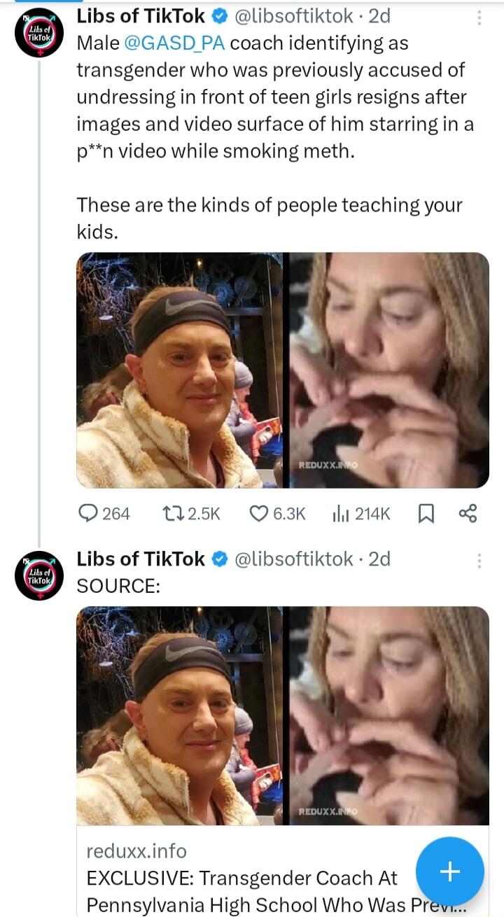 Libs of TikTok libsoftiktok 2d Male GASD PA coach identifying as transgender who was previously accused of undressing in front of teen girls resigns after images and video surface of him starring in a pn video while smoking meth These are the kinds of people teaching your kids 4 O24 W25k Q63K 2k Q Libs of TikTok libsoftiktok 2d SOURCE reduxxinfo EXCLUSIVE Transgender Coach At Pennsylvania High Sch