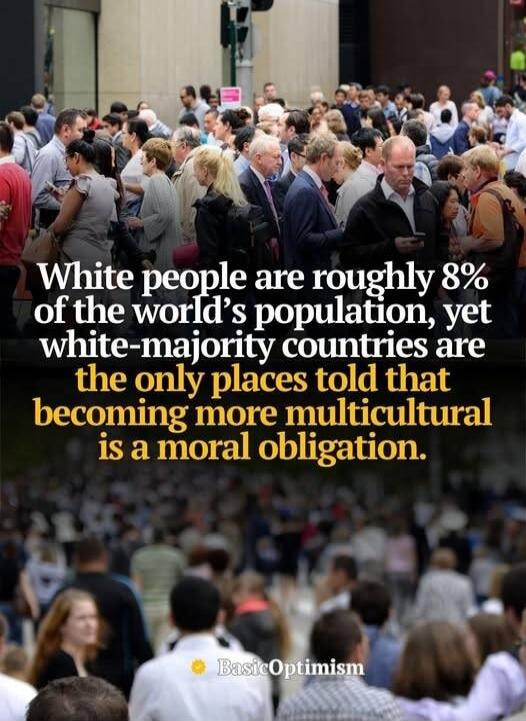 White people are roughly 8% of the world's population, yet white-majority countries are the only places told that becoming more multicultural is a moral obligation. BasicOptimism