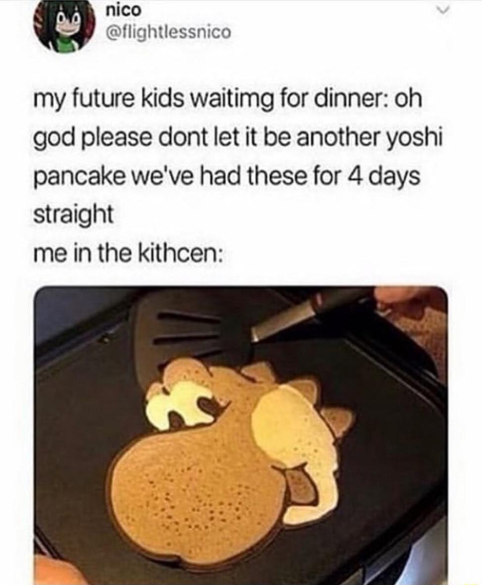 lico flightlessnico my future kids waitimg for dinner oh god please dont let it be another yoshi pancake weve had these for 4 days straight me in the kithcen