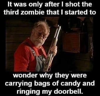 It was only after shot the third zombie that started to Y wonder why they were carrying bags of candy and ringing my doorbell