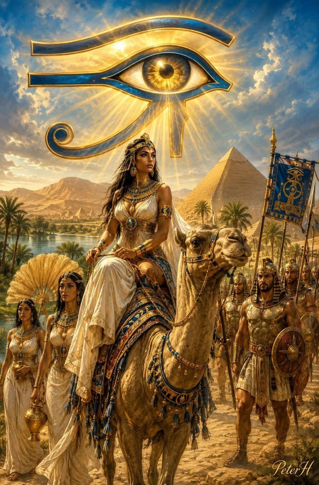 An ancient Egyptian queen or noblewoman rides a camel, leading a procession of soldiers and attendants through a desert landscape. Pyramids, palm trees, and a river are visible in the background. The Eye of Horus symbol shines brightly in the sky above.