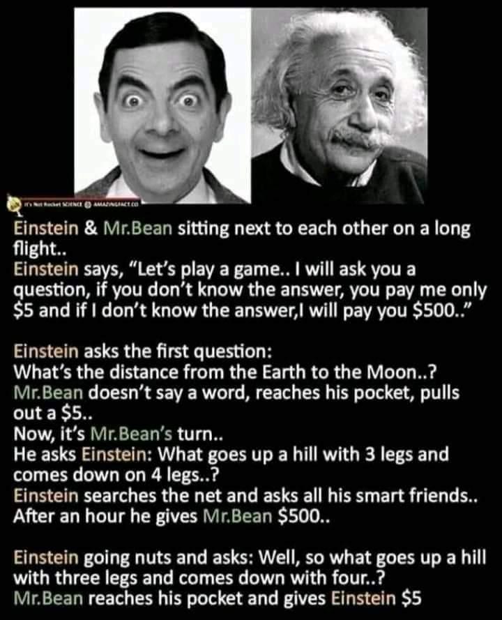 Einstein MrBean sitting next to each other on a long flight Einstein says Lets play a game will ask you a TES T ATV L R G IR G TR T VT VIV E I TG Y 5 and if dont know the answer will pay you 500 AN EREN SR GER S TES LB L ETER R E R o1 R R T G R G R R T W TACEETNG N 8 EF I RUTe T M CETel R TR T T S G T outa5 Now its MrBeans turn He asks Einstein What goes up a hill with 3 legs and comes down on 4 l