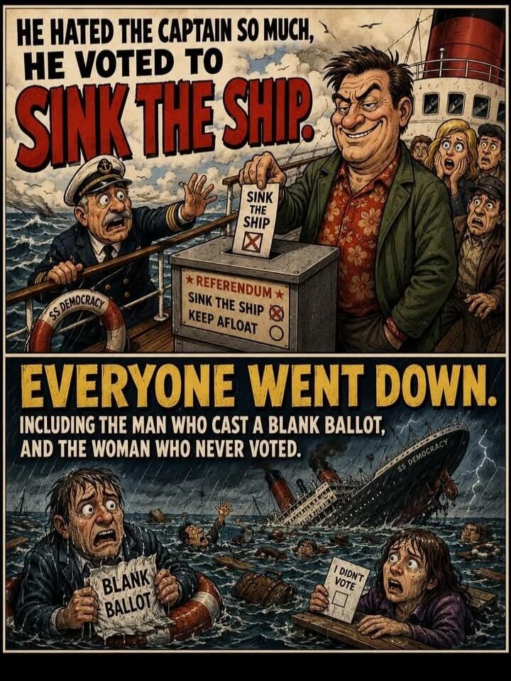 HE HATED THE CAPTAIN SO MUCH, HE VOTED TO SINK THE SHIP. SS DEMOCRACY. REFERENDUM: SINK THE SHIP, KEEP AFLOAT. EVERYONE WENT DOWN. INCLUDING THE MAN WHO CAST A BLANK BALLOT, AND THE WOMAN WHO NEVER VOTED. BLANK BALLOT. I DIDN'T VOTE.