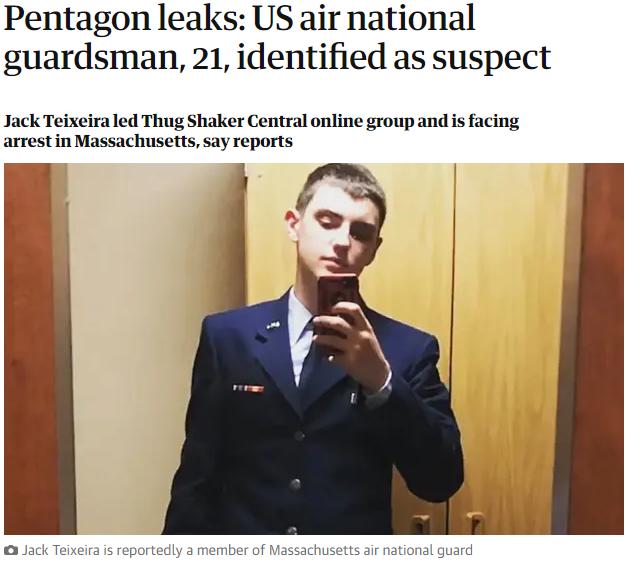 Pentagon leaks US air national guardsman 21 identified as suspect Jack Teixeira led Thug Shaker Central online group and is facing arrest in Massachusetts say reports