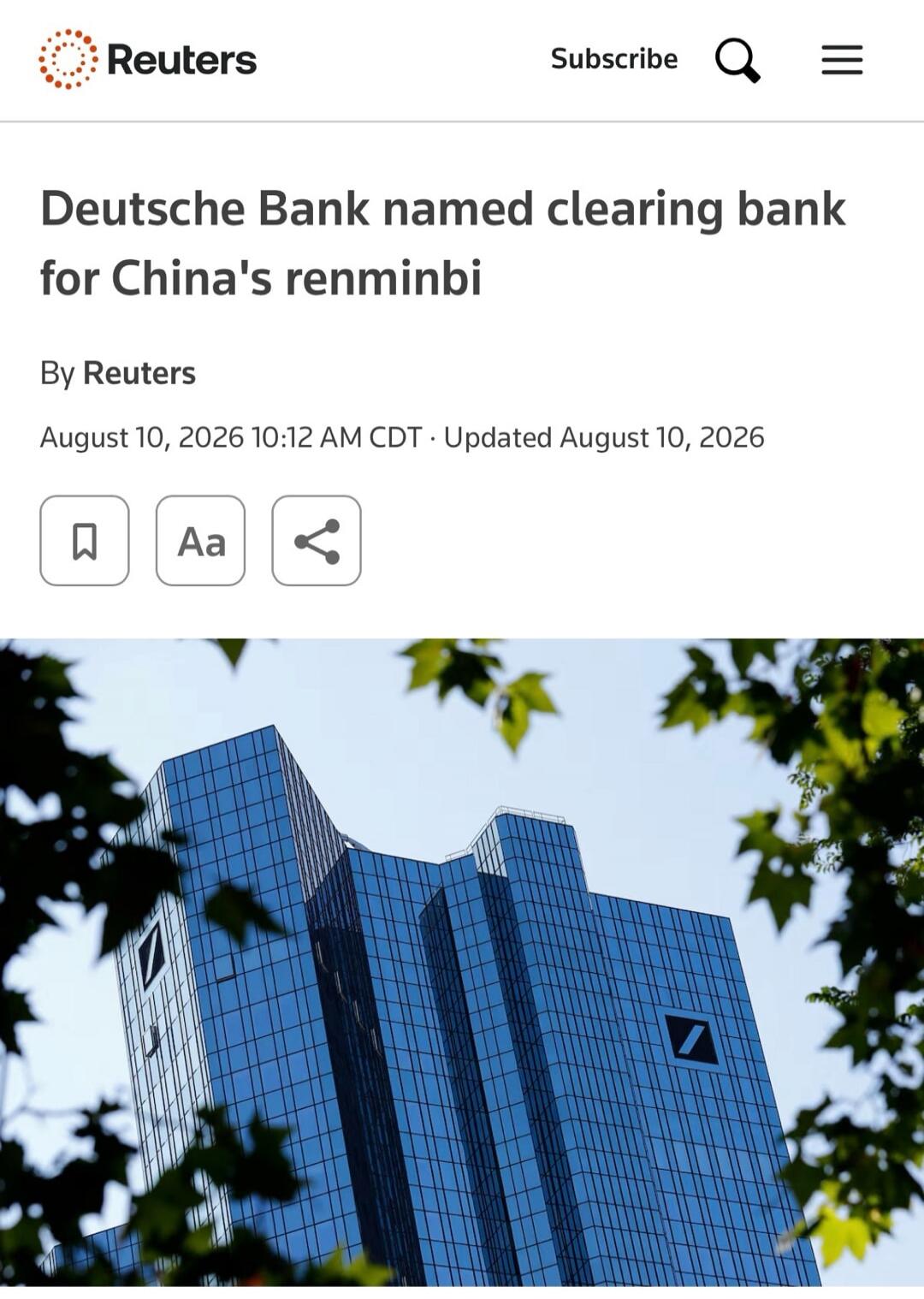 Reuters Subscribe Deutsche Bank named clearing bank for China's renminbi By Reuters August 10, 2026 10:12 AM CDT Updated August 10, 2026