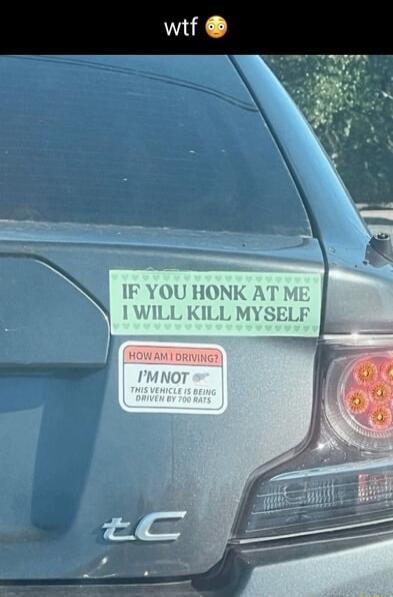 IF YOU HONK AT ME I WILL KILL MYSELF
HOW AM I DRIVING? I'M NOT SURE THIS VEHICLE IS BEING DRIVEN BY 700 RATS