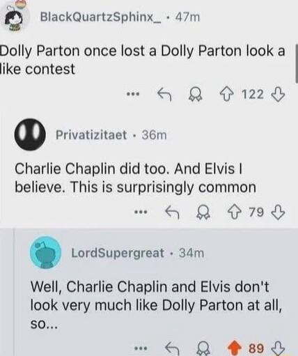 Dolly Parton once lost a Dolly Parton look a like contest

Charlie Chaplin did too. And Elvis I believe. This is surprisingly common

Well, Charlie Chaplin and Elvis don't look very much like Dolly Parton at all, so...
