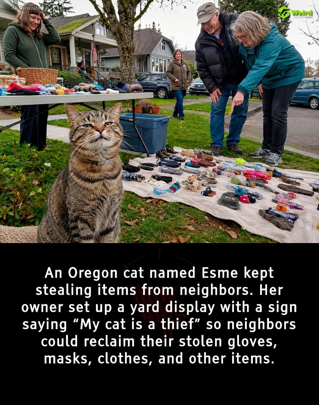 An Oregon cat named Esme kept stealing items from neighbors. Her owner set up a yard display with a sign saying 