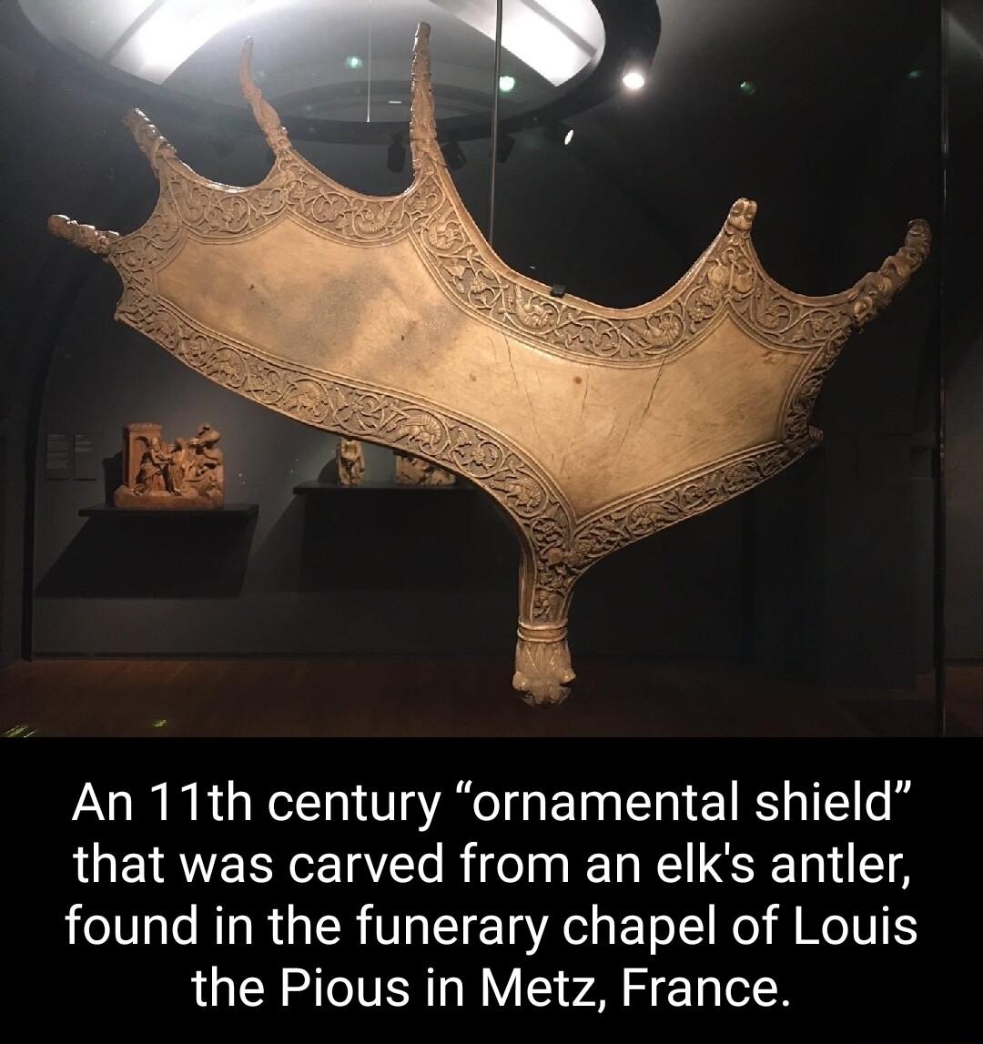 An 11th century ornamental shield that was carved from an elks antler LTV AT R R VI I Ta Ao ETo Tl Kol A MOV the Pious in Metz France