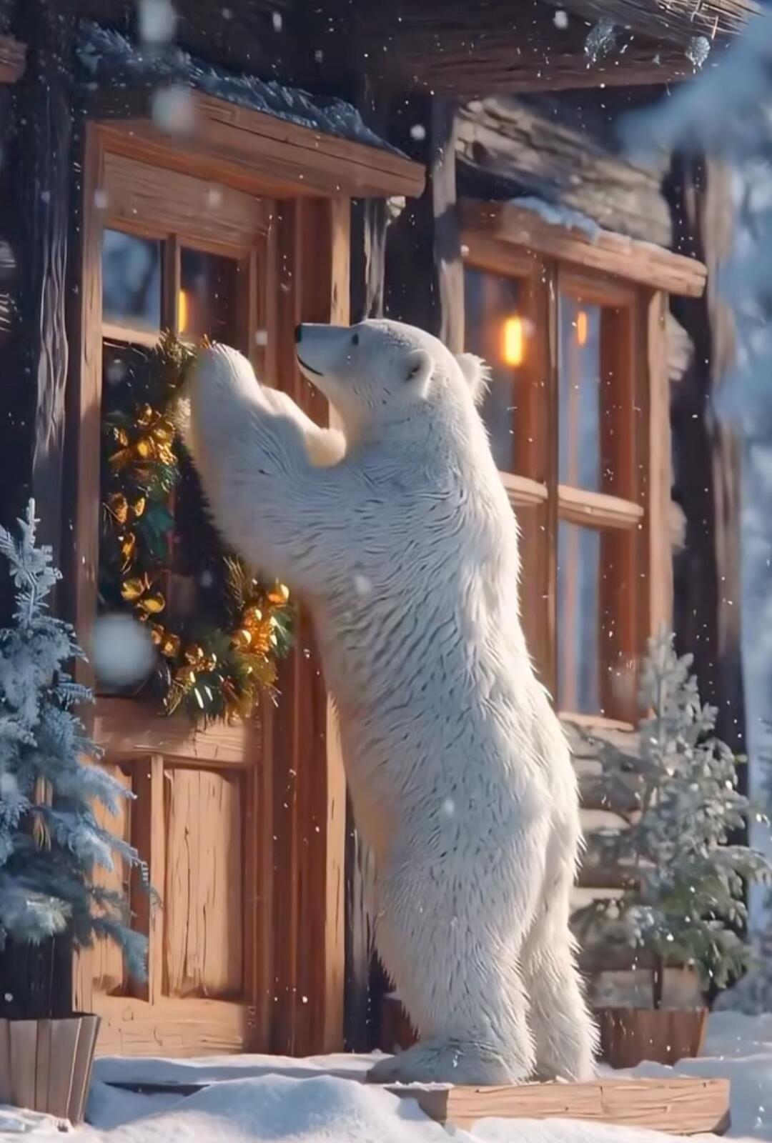 A polar bear stands on its hind legs at a wooden door, reaching up to a Christmas wreath. It's snowing outside with a cozy, festive scene.