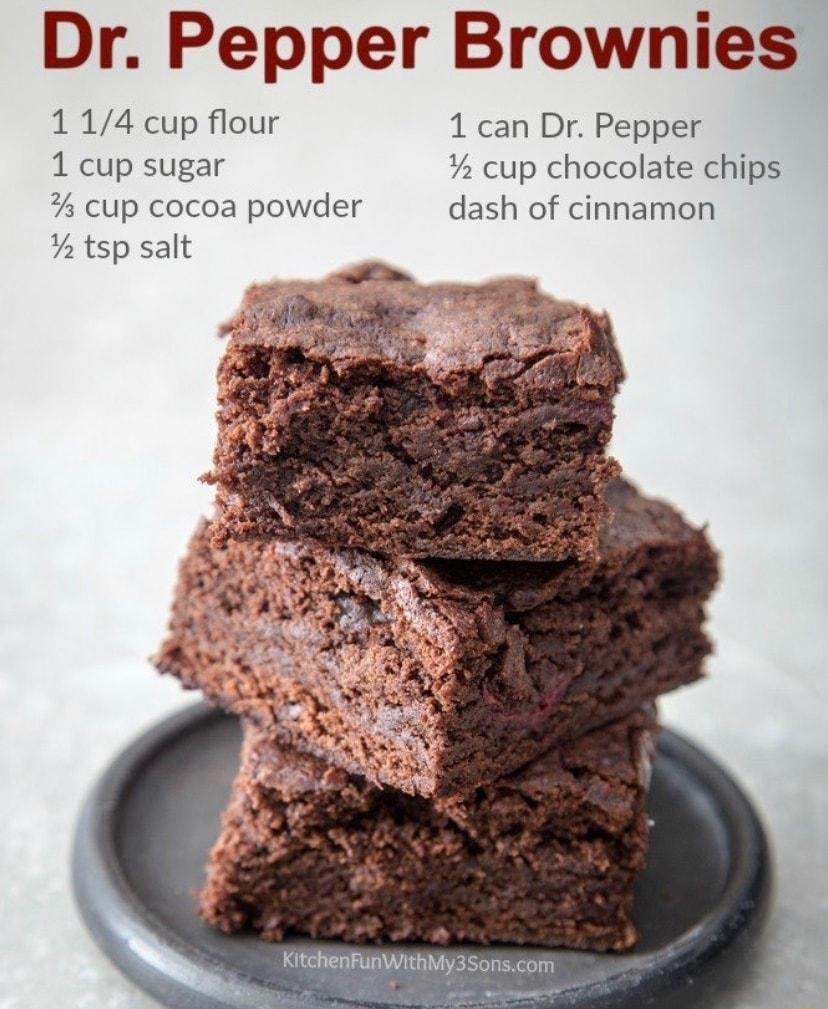 Dr Pepper Brownies 1 14 cup flour 1 can Dr Pepper 1 cup sugar cup chocolate chips cup cocoa powder dash of cinnamon tsp salt