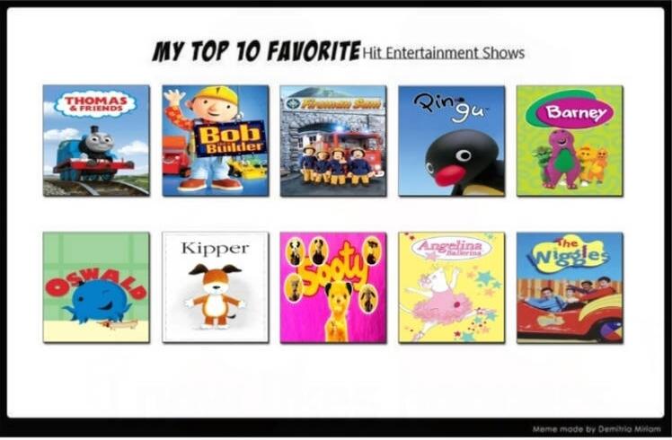 MY TOP 10 FAVORITE Hit Entertainment Shows Thomas & Friends Bob the Builder Fireman Sam Pingu Barney Oswald Kipper Sooty Angelina Ballerina The Wiggles Meme made by Demitrio Miriam