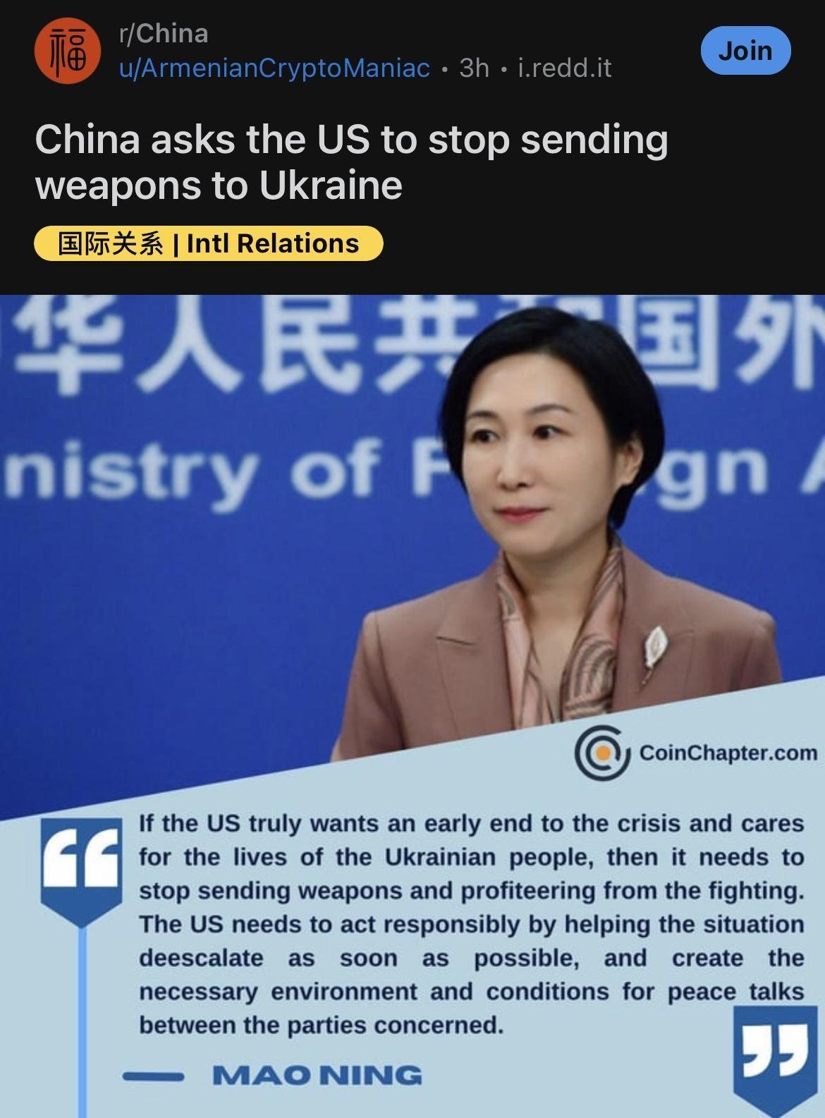 China rmenianCryptol o EREE I CR O CRVER GRS T Ty weapons to Ukraine CoinChaptercom If the US truly wants an early end to the crisis and cares for the lives of the Ukrainian people then it needs to stop sending weapons and profiteering from the fighting The US needs to act responsibly by helping the situation deescalate as soon as possible and create the necessary environment and conditions for pe
