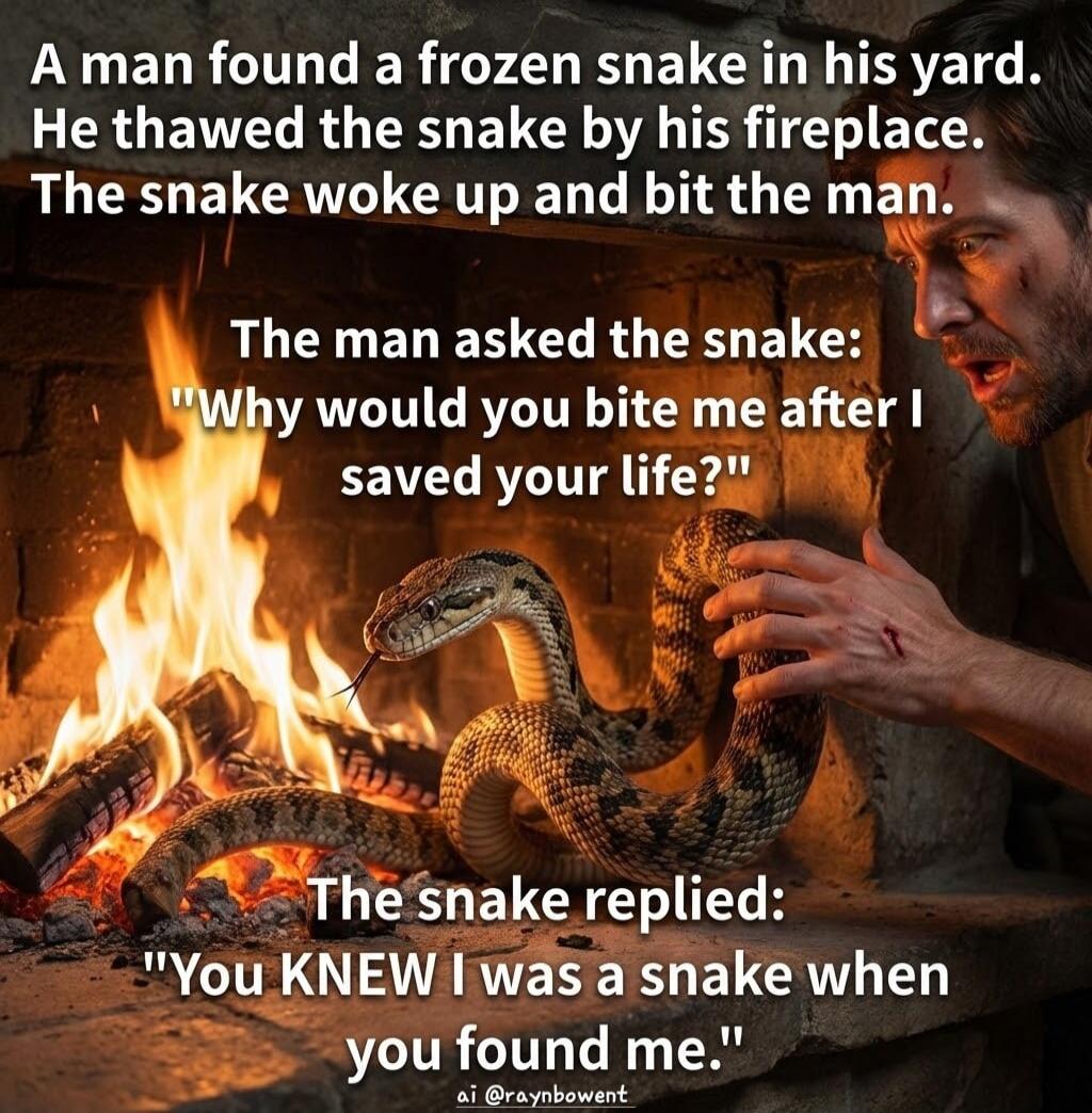 A man found a frozen snake in his yard. He thawed the snake by his fireplace. The snake woke up and bit the man. The man asked the snake: 