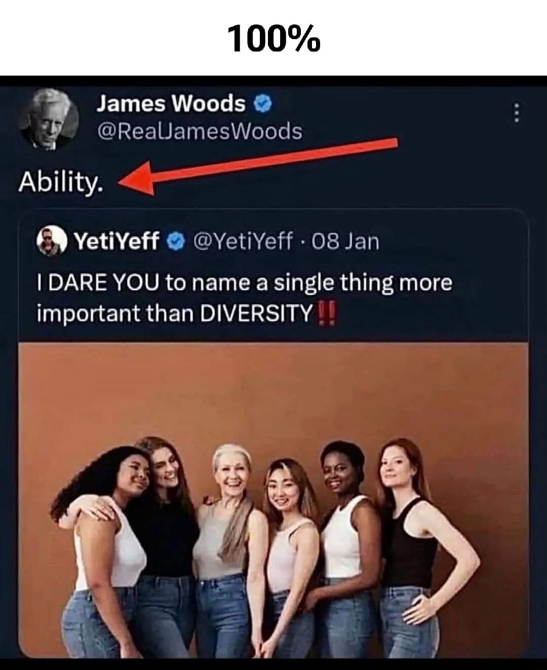 100% James Woods @RealJamesWoods Ability. YetiYeff @YetiYeff · 08 Jan I DARE YOU to name a single thing more important than DIVERSITY !!