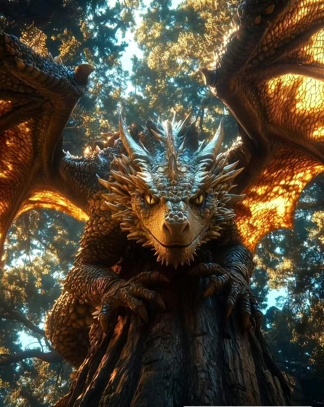 A majestic dragon-like creature with glowing orange wings in a forest, looking toward the viewer with spiked scales and a fierce gaze.