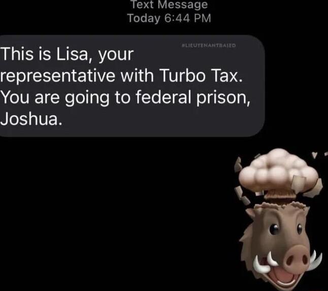 ext Message Today 644 PM This is Lisa your representative with Turbo Tax You are going to federal prison Joshua