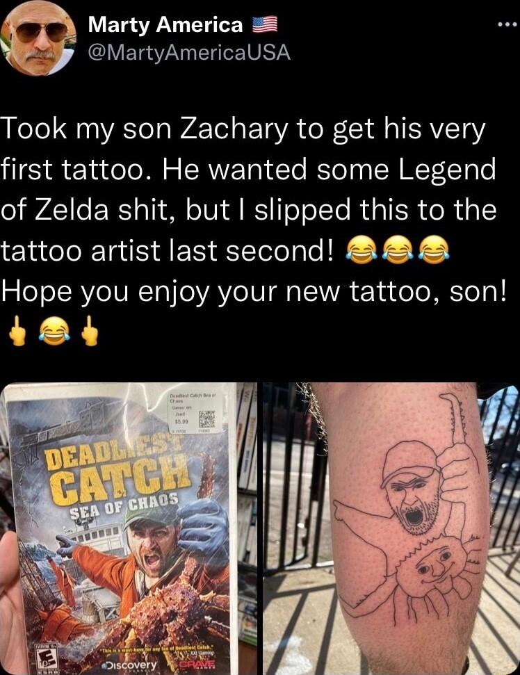 Marty America GIVETG7N I 1URTA Took my son Zachary to get his very first tattoo He wanted some Legend of Zelda shit but slipped this to the tattoo artist last second BB Hope you enjoy your new tattoo son 424