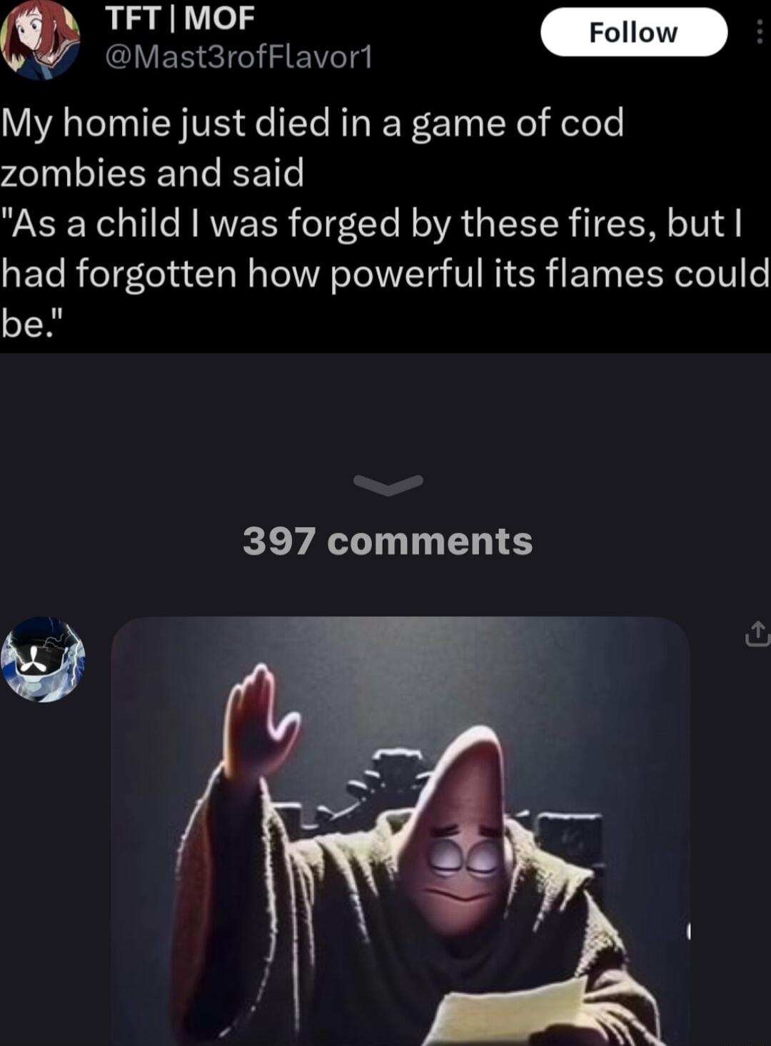 TFTMOF Follow W ciesiorriavon My homie just died in a game of cod zombies and said As a child was forged by these fires but had forgotten how powerful its flames could be 397 comments