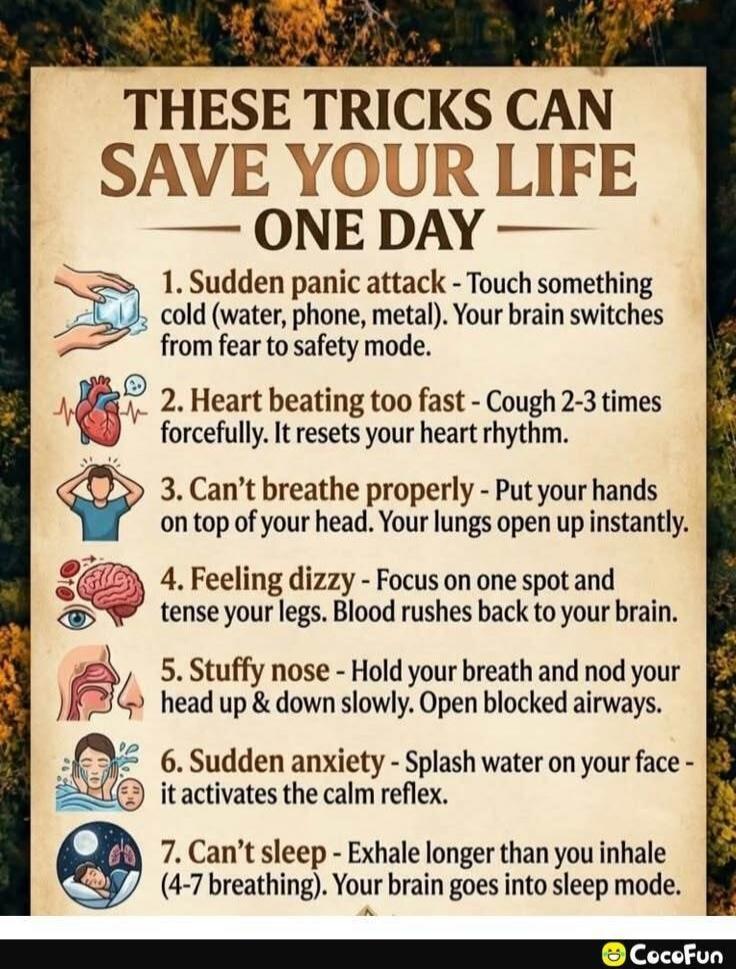 THESE TRICKS CAN SAVE YOUR LIFE ONE DAY. 1. Sudden panic attack - Touch something cold (water, phone, metal). Your brain switches from fear to safety mode. 2. Heart beating too fast - Cough 2-3 times forcefully. It resets your heart rhythm. 3. Can't breathe properly - Put your hands on top of your head. Your lungs open up instantly. 4. Feeling dizz