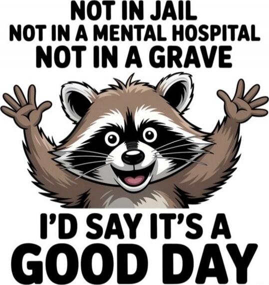 NOT IN JAIL NOT IN A MENTAL HOSPITAL NOT IN A GRAVE I'D SAY IT'S A GOOD DAY