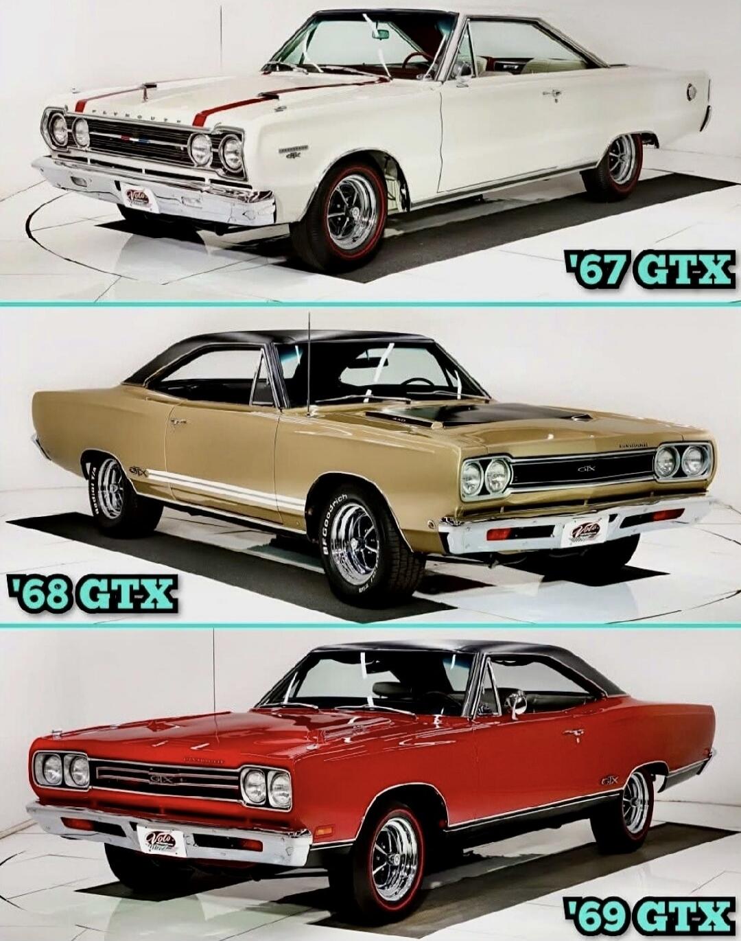 '67 GTX, '68 GTX, '69 GTX. Plymouth GTX models from Volo Auto Museum.