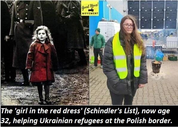 The girl in the red dress Schindlers List now age 32 helping Ukrainian refugees at the Polish border