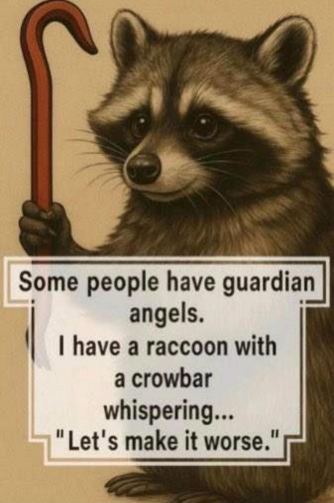 Some people have guardian angels. I have a raccoon with a crowbar whispering... 