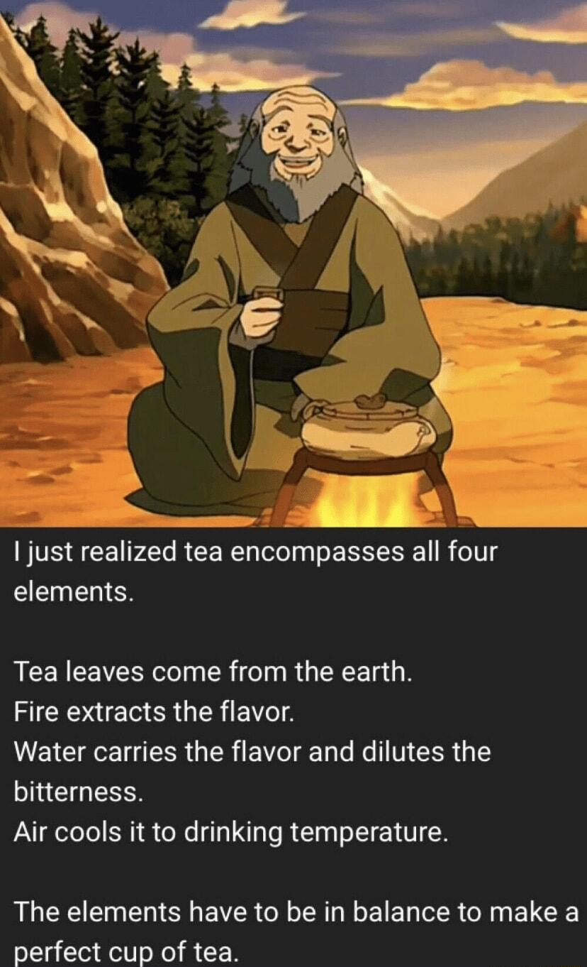 e S uds just realized tea encompasses all four elements RCENCEIER I ER eI RGERE R HIEEOUECERGEREITIA Water carries the flavor and dilutes the bitterness Air cools it to drinking temperature QL ENEN SR CL RGN E EL R G ELCE perfect cup of tea