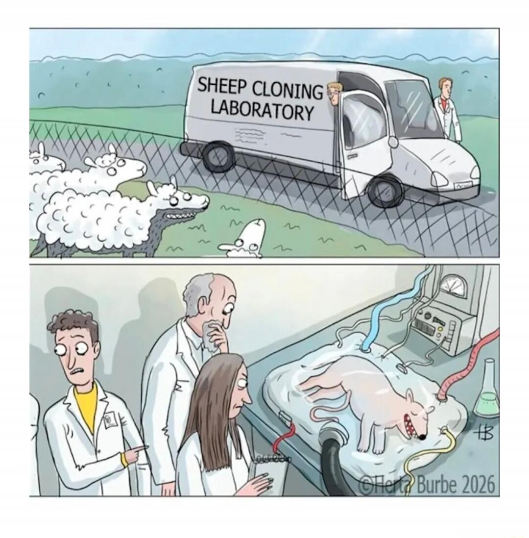 SHEEP CLONING LABORATORY. In the first panel, a van labeled 'SHEEP CLONING LABORATORY' is parked near a fence with several sheep. One sheep has sharp teeth, and a small, phallic-shaped creature is on the ground. In the second panel, three scientists in a lab are looking at a dog-like creature with a phallic head, connected to cloning equipment. The
