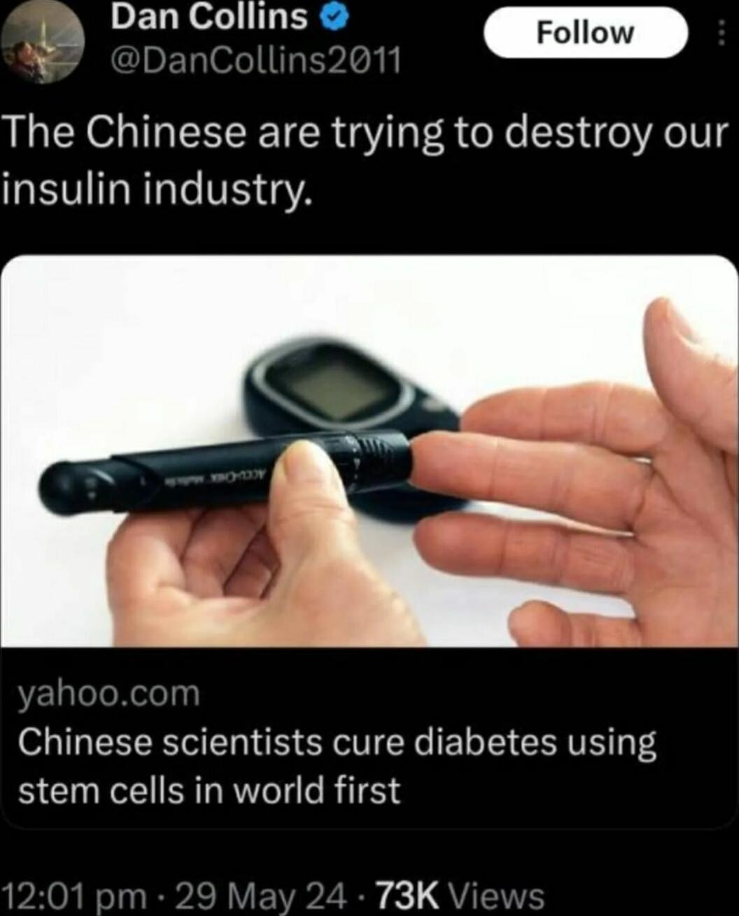 A PEDROLULERSY The Chinese are trying to destroy our insulin industry Chinese scientists cure diabetes using stem cells in world first 73K