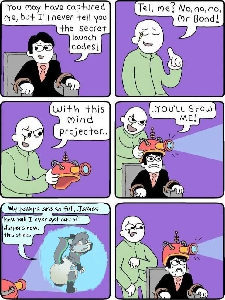 You Mmay have captured me but T never tel you the seccet launch Tell me Noao 00 Mr Bond With this mind projector Wy pamps arc so full James fhow il T over oet out of diapers vow this stinks