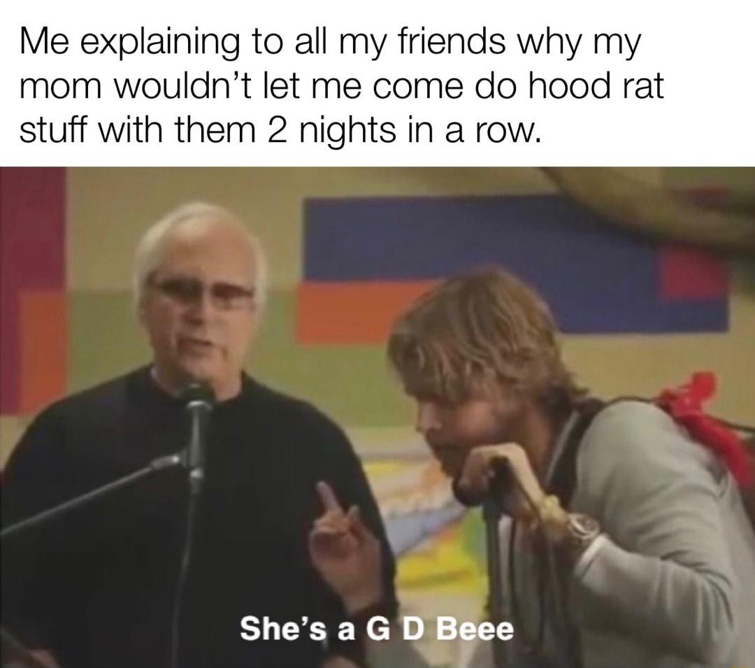 Me explaining to all my friends why my mom wouldnt let me come do hood rat stuff with them 2 nights in a row Shes a G D Bee