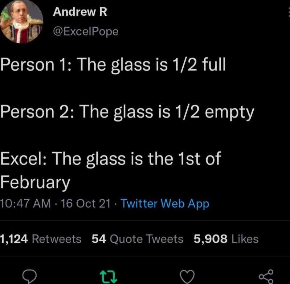 LULIEE ExcelPope Person 1 The glass is 12 full Person 2 The glass is 12 empty Excel The glass is the 1st of EIIOETY 1047 AM 16 Oct 21 Twitter Web App 1 2R T ST O T CR NI CRC R o A RTES L 09