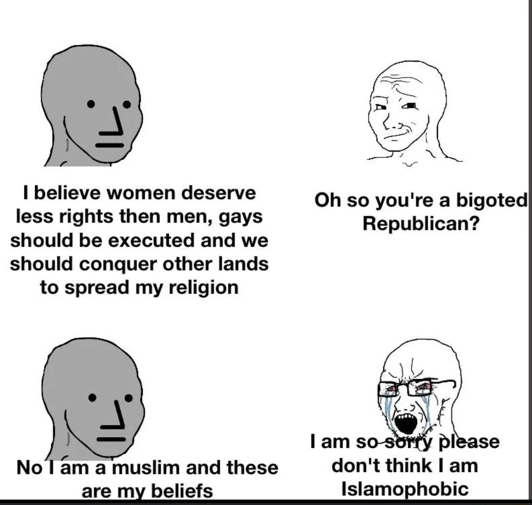 I believe women deserve Oh so youre a bigoted less rights then men gays Republican should be executed and we should conquer other lands to spread my religion Nol am a muslim and these dont think am are my beliefs Islamophol