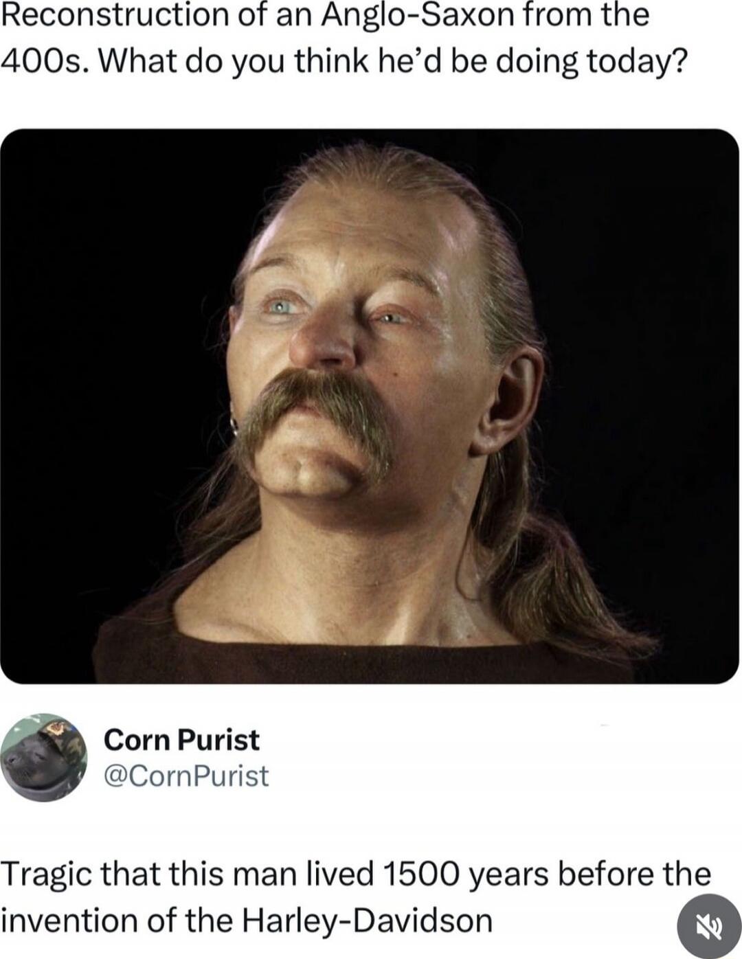 Reconstruction of an Anglo-Saxon from the 400s. What do you think he’d be doing today? Tragic that this man lived 1500 years before the invention of the Harley-Davidson