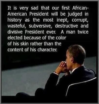It is very sad that our first African-American President will be judged in history as the most inept, corrupt, wasteful, subversive, destructive and divisive President ever. A man twice elected because of the color of his skin rather than the content of his character.
