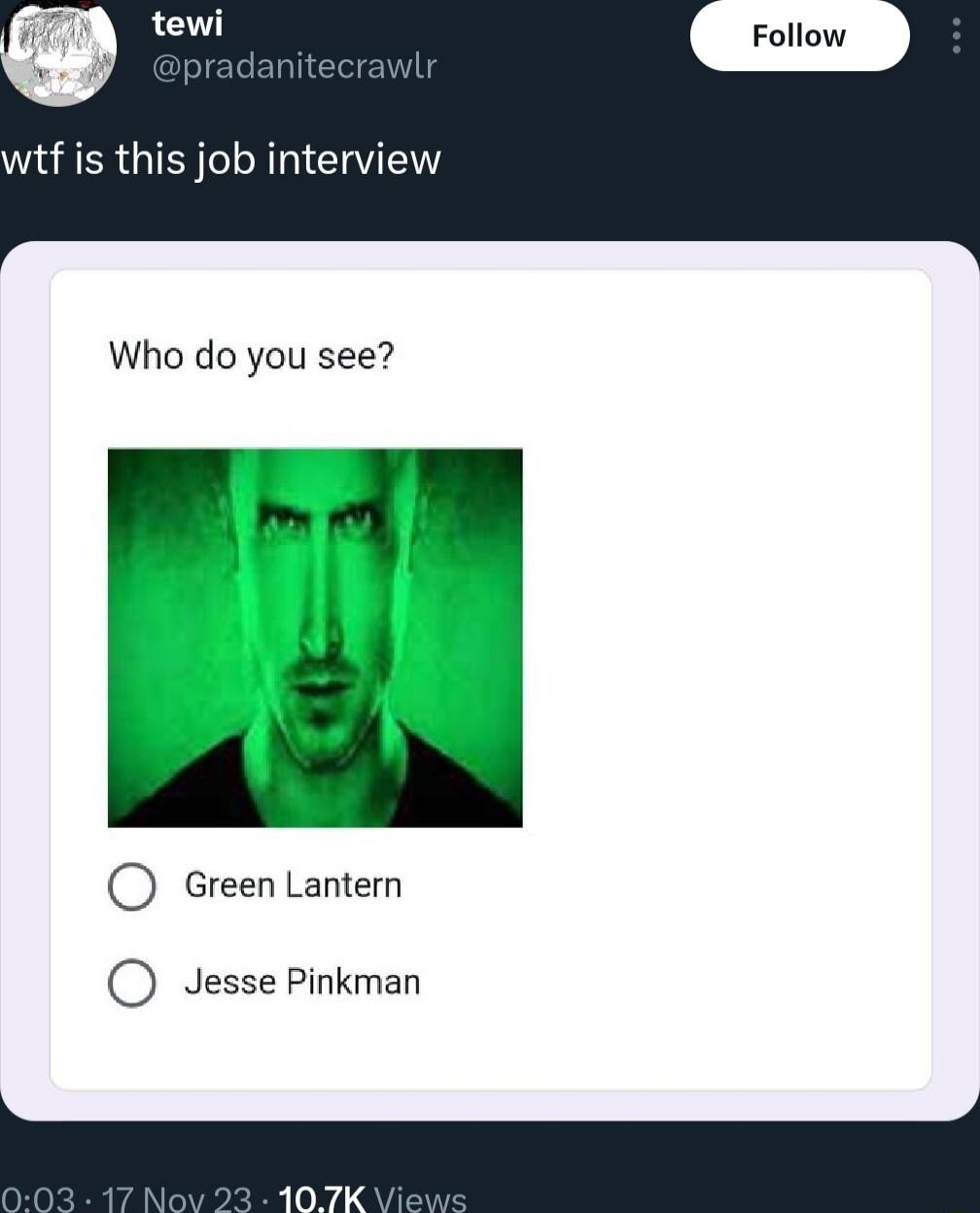 wtf is this job interview Who do you see O GreenLantemn O Jesse Pinkman