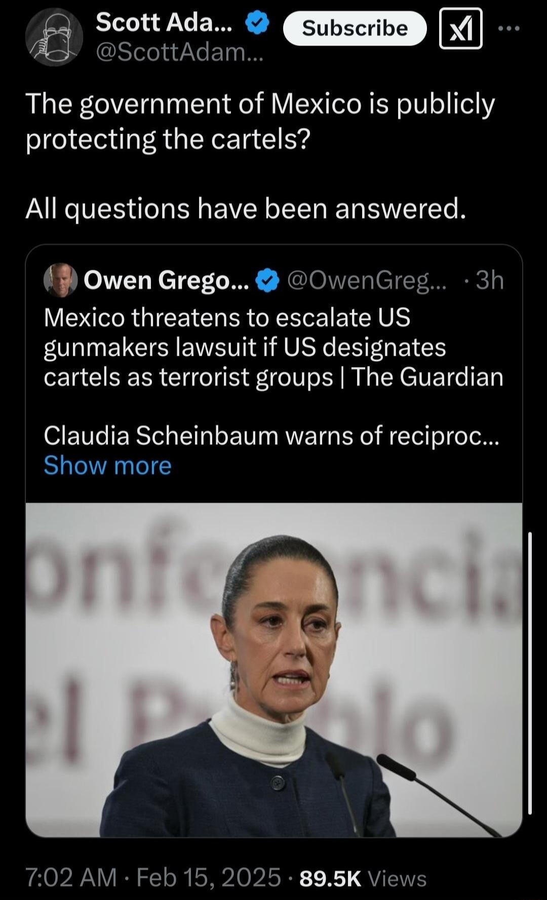 ScottAda X ScottAdam The government of Mexico is publicly protecting the cartels All questions have been answered owen Grego OwenGreg 3h Mexico threatens to escalate US gunmakers lawsuit if US designates cartels as terrorist groups The Guardian Claudia Scheinbaum warns of reciproc Show more 702 AM Feb 15 2025 895K Vie