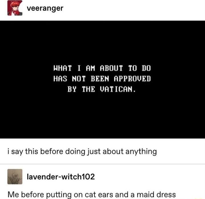 veeranger HHAT 1 AM ABOUT TO DO HAS NOT BEEN APPROVED BY THE UATICAN i say this before doing just about anything B avender witchto2 Me before putting on cat ears and a maid dress