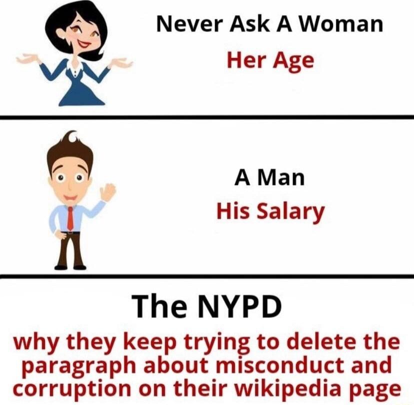 Q Never Ask A Woman Her Age A Man il His Salary The NYPD why they keep trying to delete the paragraph about misconduct and corruption on their wikipedia page