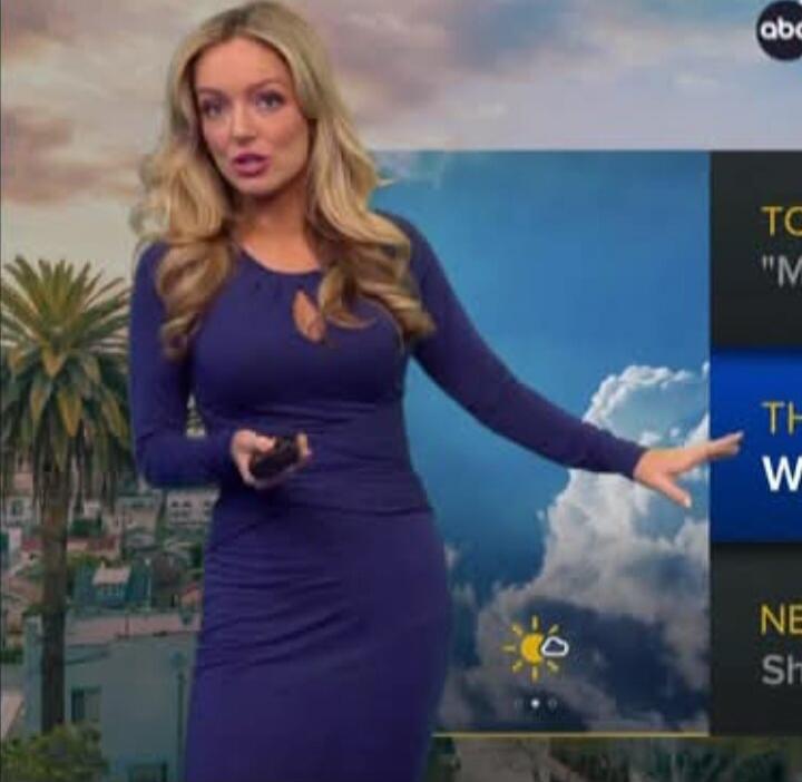 A female weather presenter in a tight blue dress is on screen, gesturing towards a weather map displaying clouds and a sun icon. Text visible includes 'abc', 'TO', 'M', 'TH', 'W', 'NE', 'Sh'.