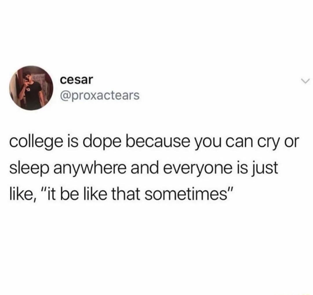 cesar proxactears college is dope because you can cry or sleep anywhere and everyone is just like it be like that sometimes