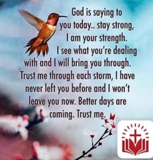God is saying to you today.. stay strong, I am your strength. I see what you're dealing with and I will bring you through. Trust me through each storm, I have never left you before and I won't leave you now. Better days are coming. Trust me.