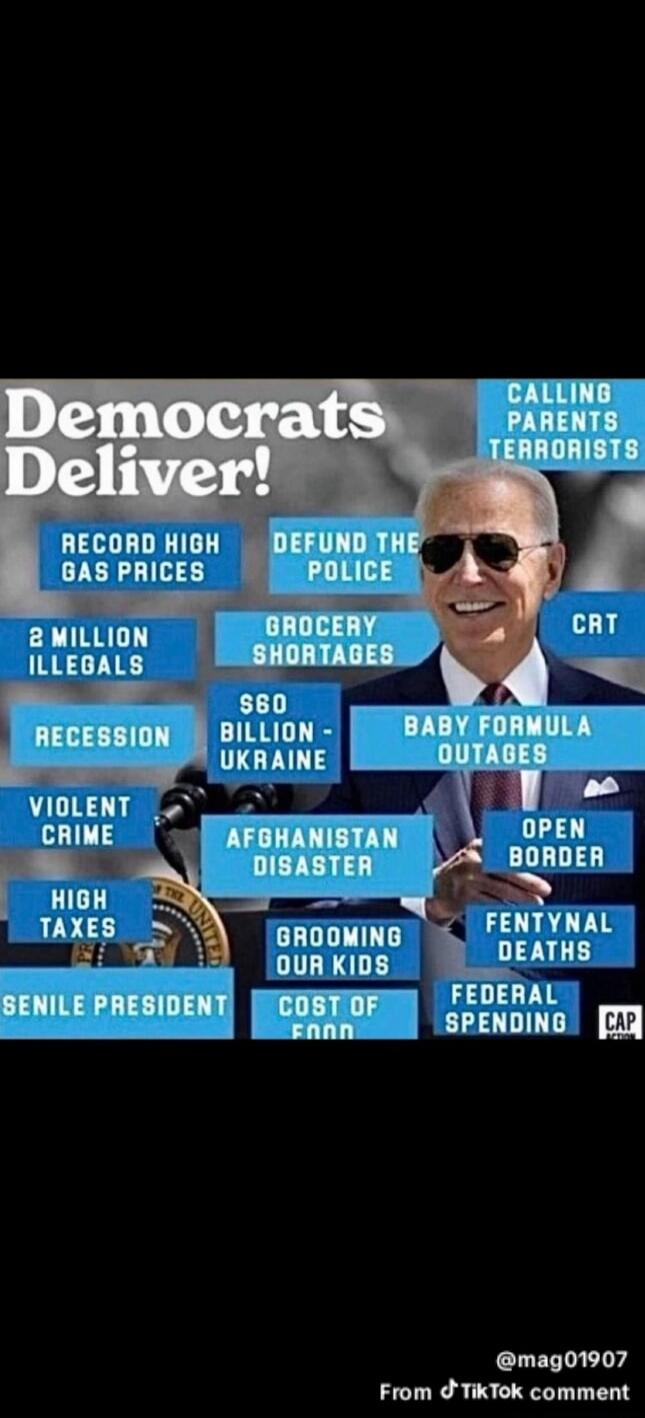Democrats Deliver! Record High Gas Prices, Defund The Police, 2 Million Illegals, Grocery Shortages, $60 Billion - Ukraine, Baby Formula Outages, Violent Crime, Afghanistan Disaster, Open Border, High Taxes, Grooming Our Kids, Fentanyl Deaths, Senile President, Cost Of Food, Federal Spending, Calling Parents Terrorists, CRT. CAP ACTION. @mag01907 F