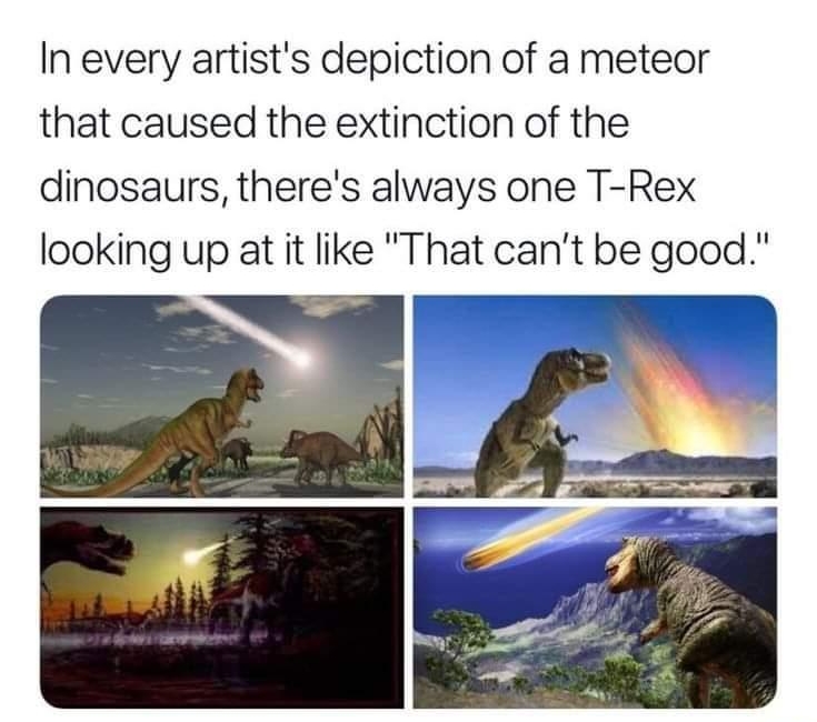 Jake Vig Jake_Vig In every artists depiction of a meteor that caused the extinction of the dinosaurs theres always one T Rex looking up at it like That cant be good