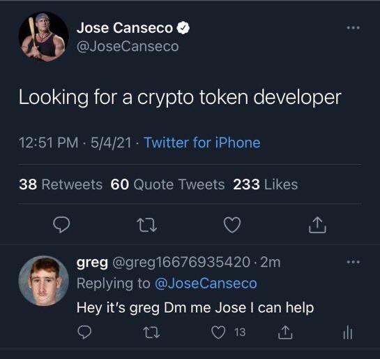 Jose Canseco JoseCanseco Wolo aleR o d NeinY o OR o ClaNe V o oETg 1251 PM 5421 Twitter for iPhone 38 Retweets 60 Quote Tweets 233 Likes u Q greg greg16676935420 2m Replying to JoseCanseco Hey its greg Dm me Jose can help o I VAR E R il