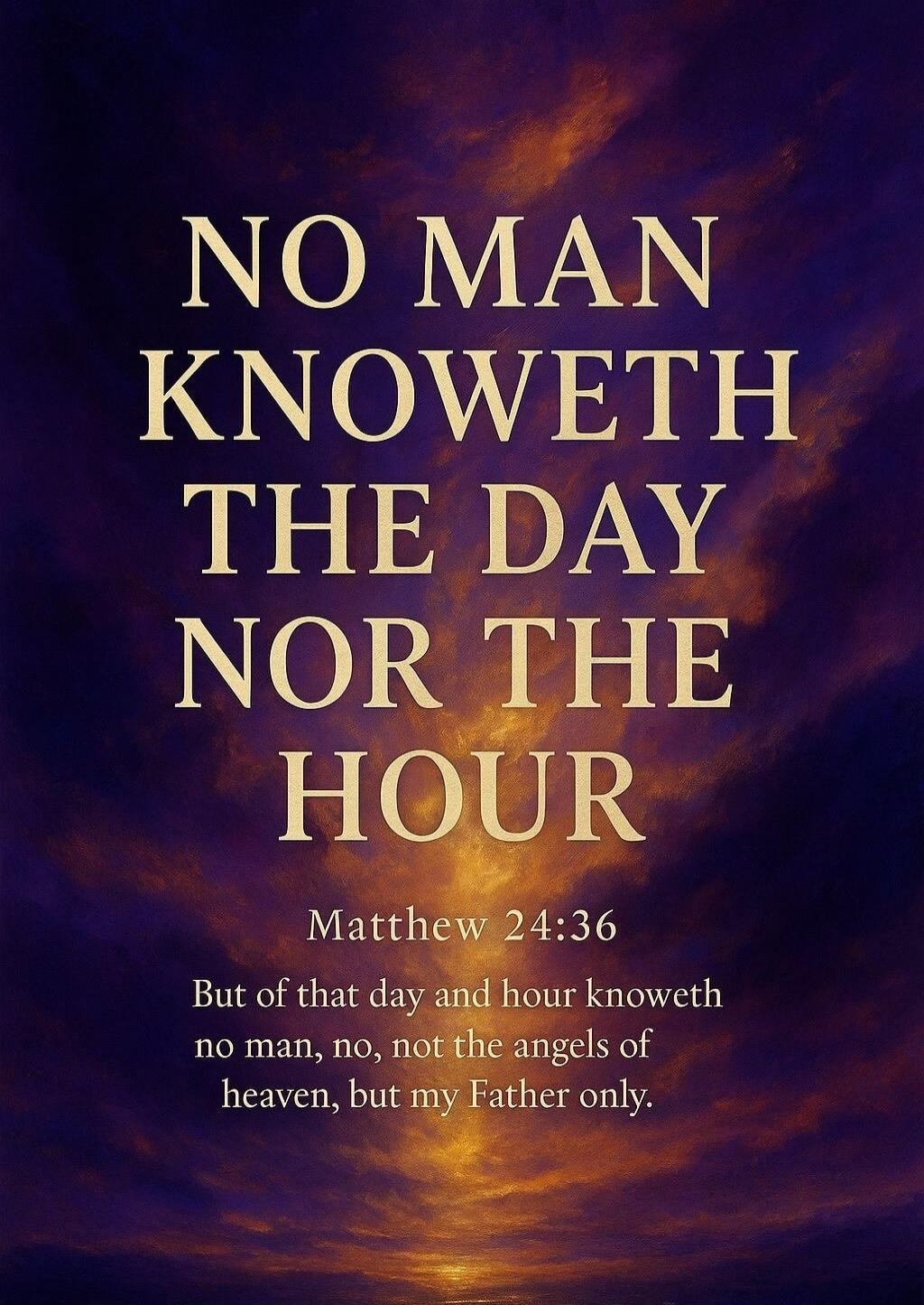 NO MAN KNOWETH THE DAY NOR THE HOUR Matthew 24:36 But of that day and hour knoweth no man, no, not the angels of heaven, but my Father only.